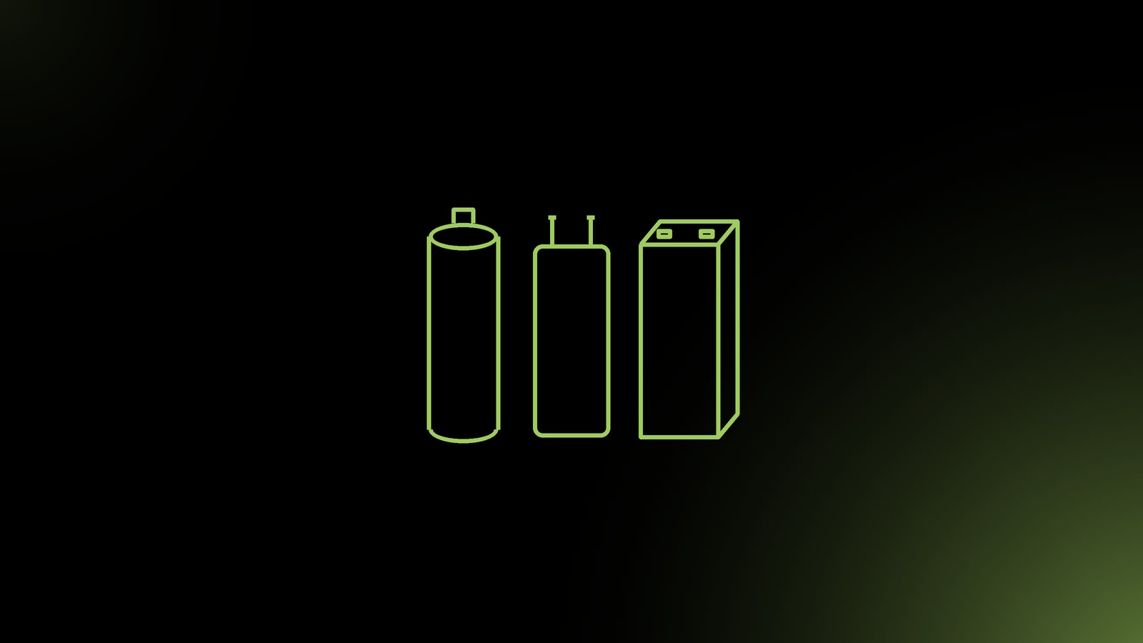 Grön linjeteckning av en cylindrisk, en pouch- och en prismatisk battericell, på svart bakgrund