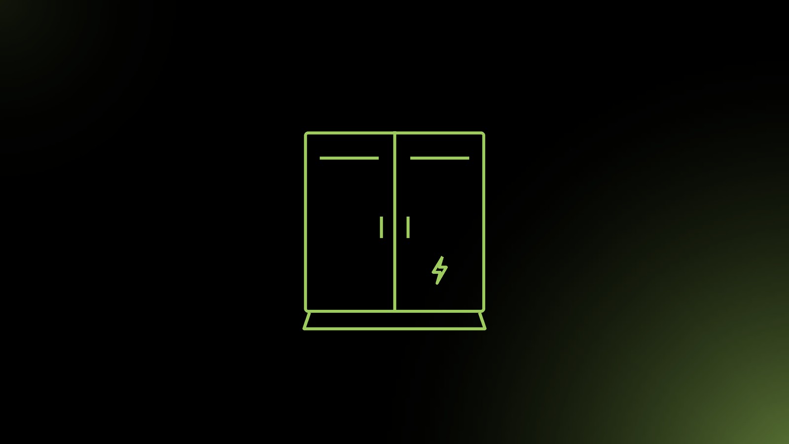 Grön linjeteckning av ett kommersiellt batterilager i ett utomhusskåp, på svart bakgrund